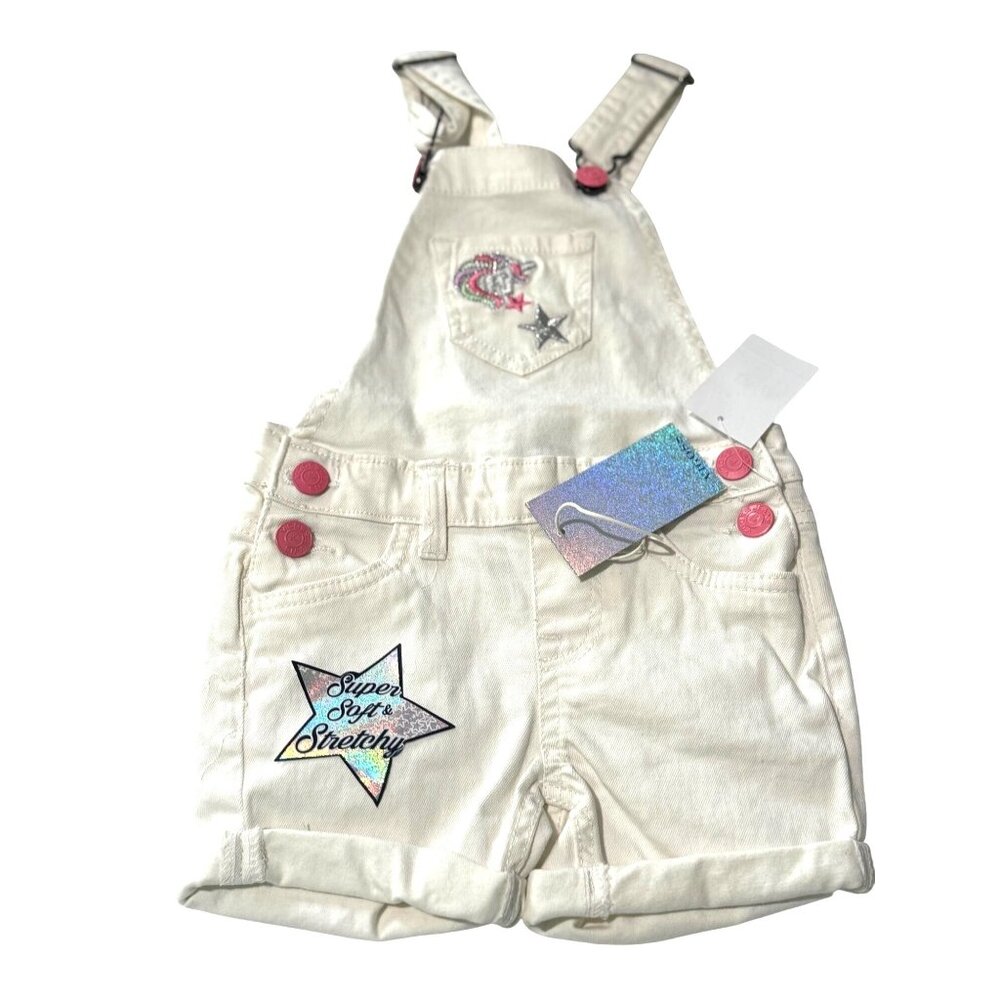 Vigoss Toddler Girls White Stretchy Overalls Size 2T With Pink Buttons & Star Pa